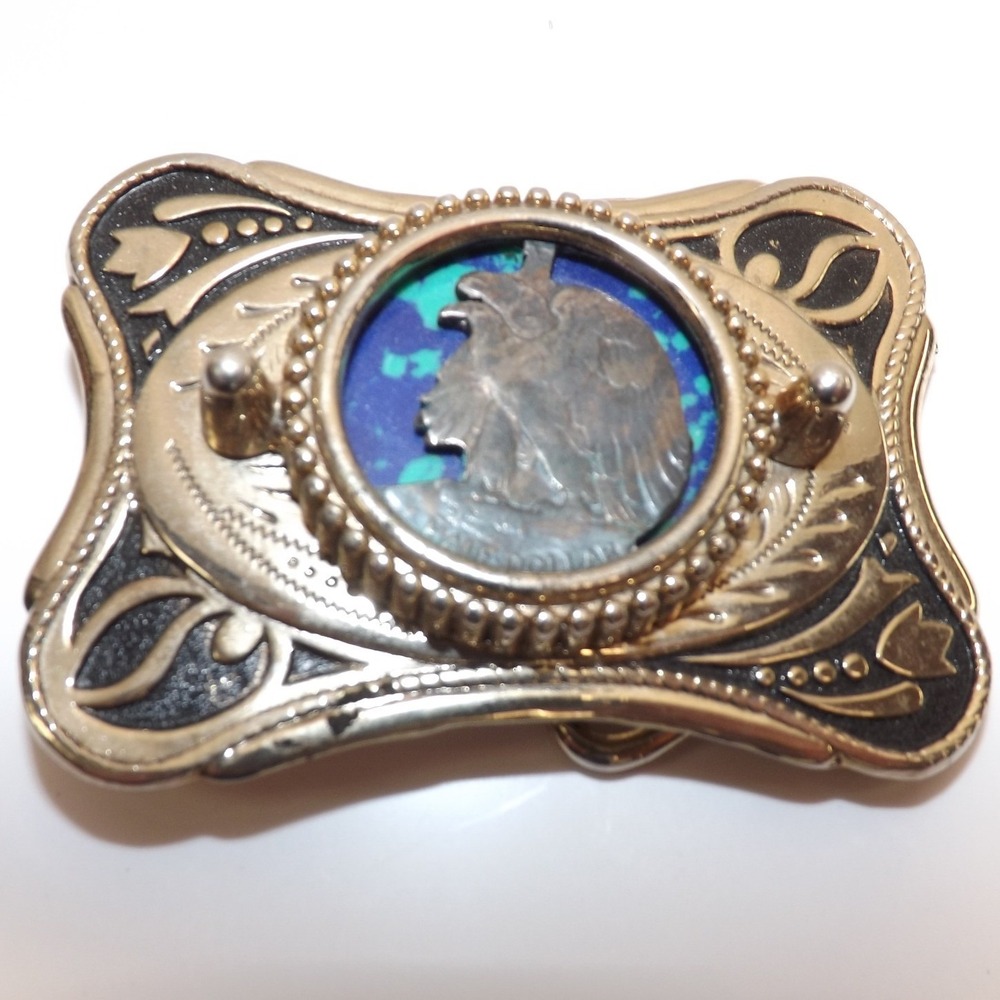 Vintage Western Belt Buckle Walking Liberty Half Dollar Coin Gold Tone Ornate